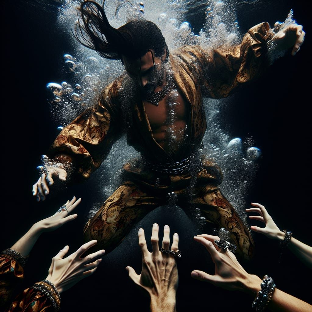 Man Sinks Underwater in Dark Fantasy Scene, Baroque Oil Pain...
