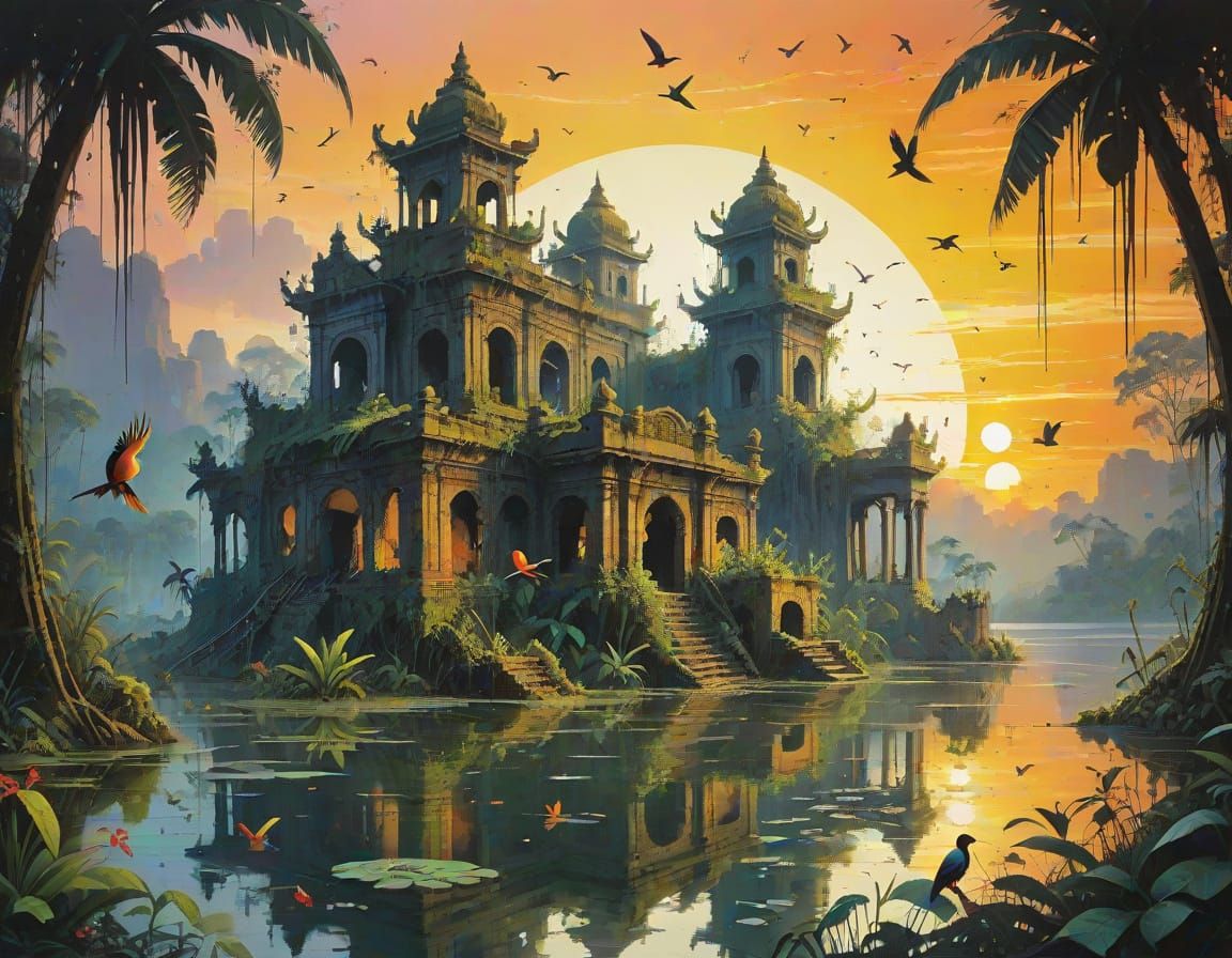Mysterious Ruined City Reflected in Jungle Lake at Sunset
