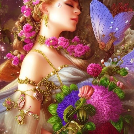 Exotic Floral Bouquet with Jewels: Digital Fairy Tale