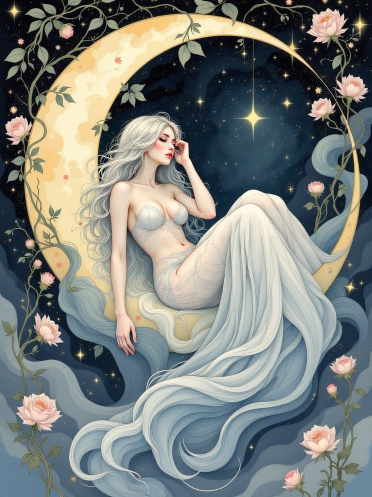 Art Nouveau Moon Goddess Painting with Starlight Hair