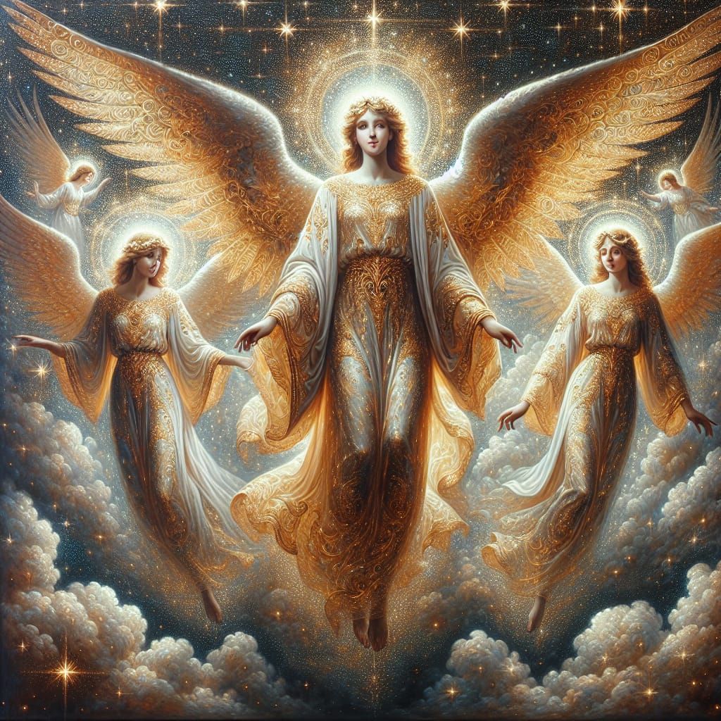 Ethereal Angels in Oil Painting with Golden Wings