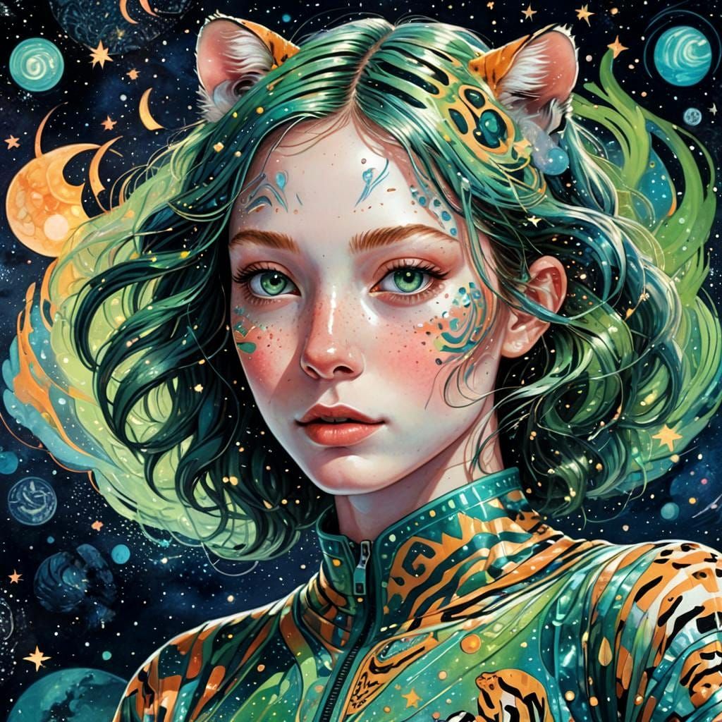 Woman in Tiger Onesie: Holographic Astral Illustration