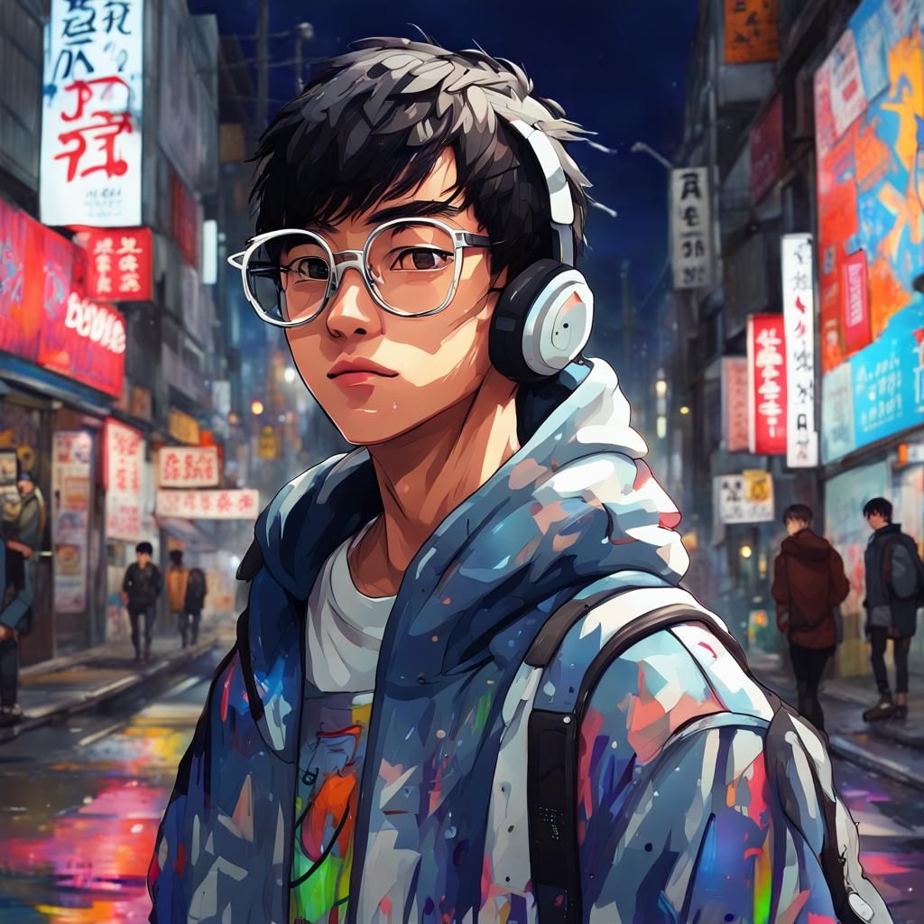 Asian twink cute boy, stunning eyesight, muscular , adorable, round frame glasses, walking in Japan night city-street , ...