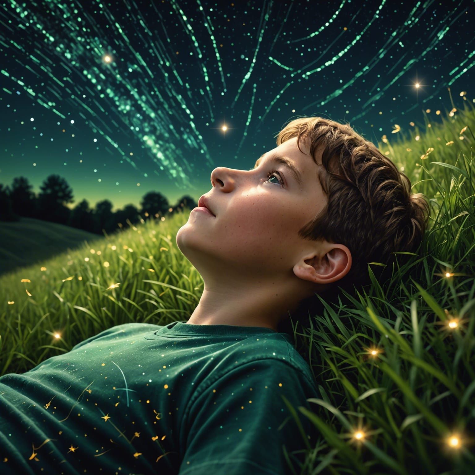 Boy Gazing at Starry Night Sky: Digital Illustration