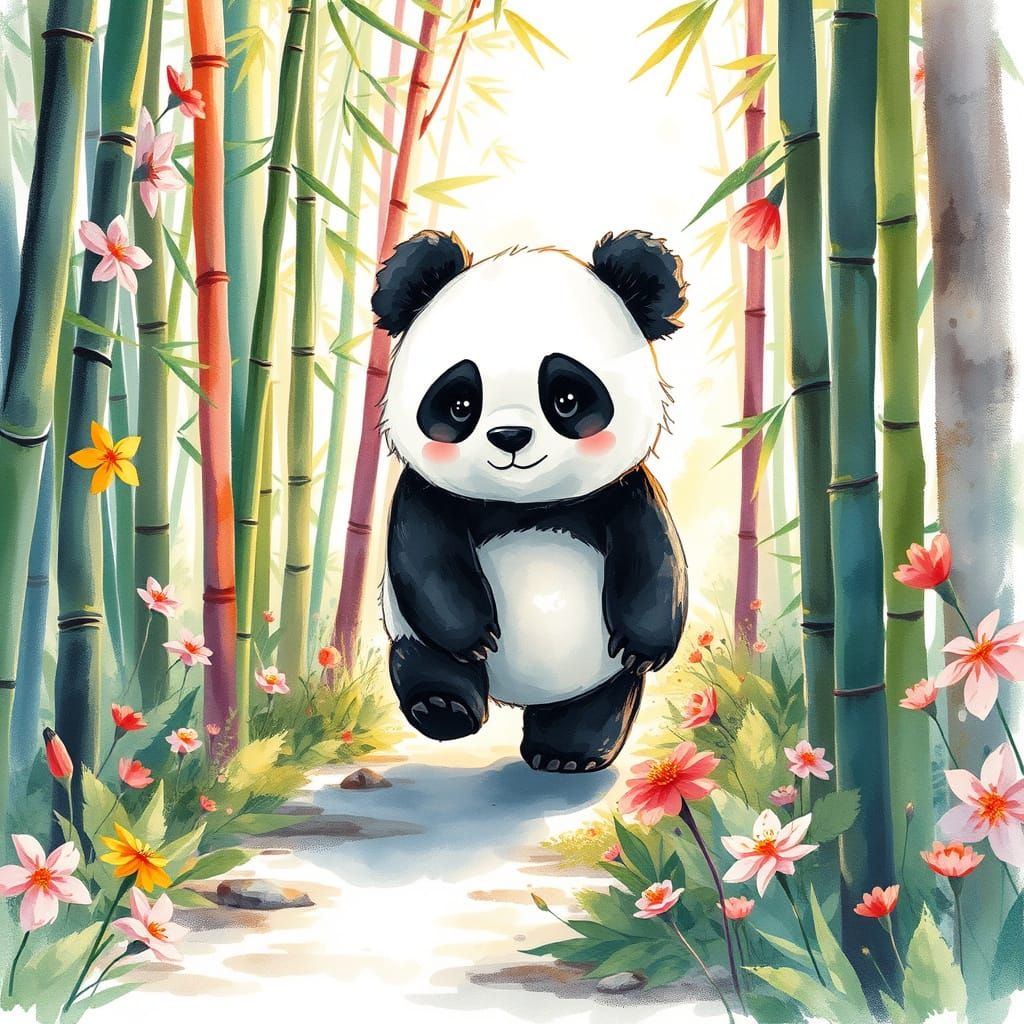 Vibrant Bamboo Forest Whimsy in Watercolour
