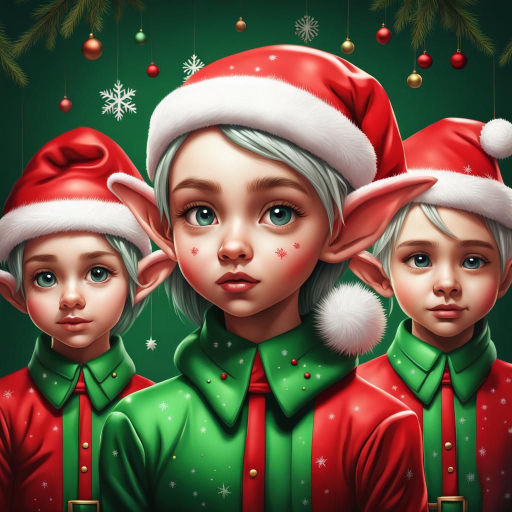 Cute Christmas elves, Christmas Graphic, Christmas concept, red, green and white clothing. Hyperrealistic, splash art,...