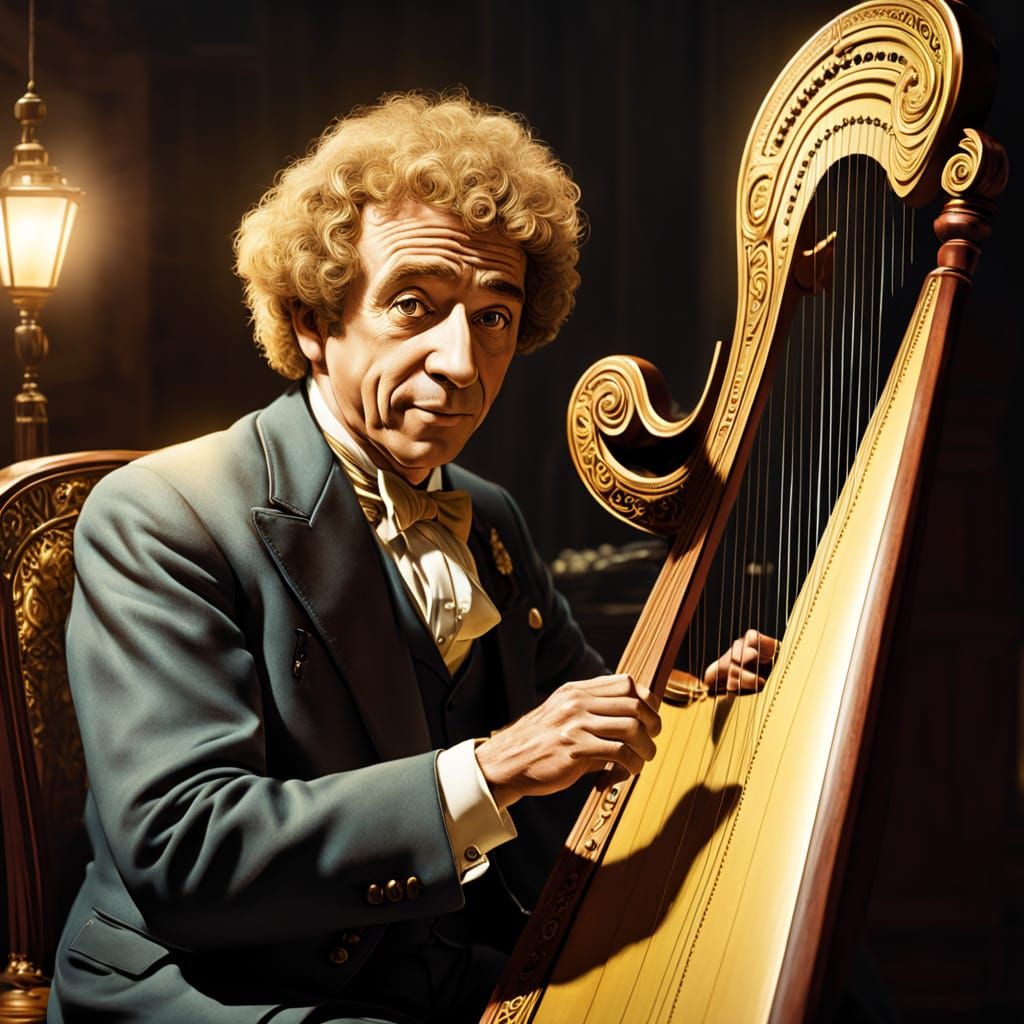 Realistic Harpo Marx Plays Harp in Golden Hour Light
