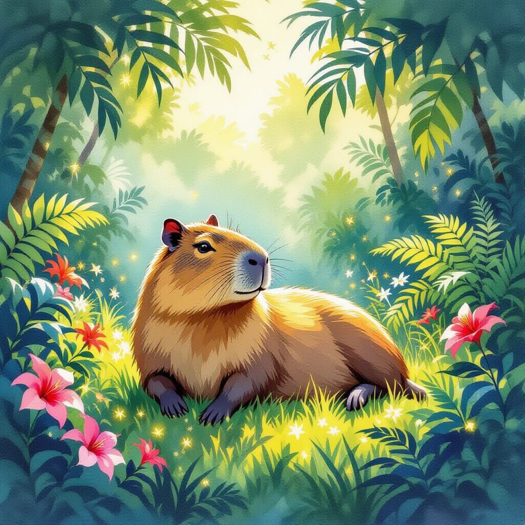 Capybara in Sunlit Jungle Clearing Watercolor