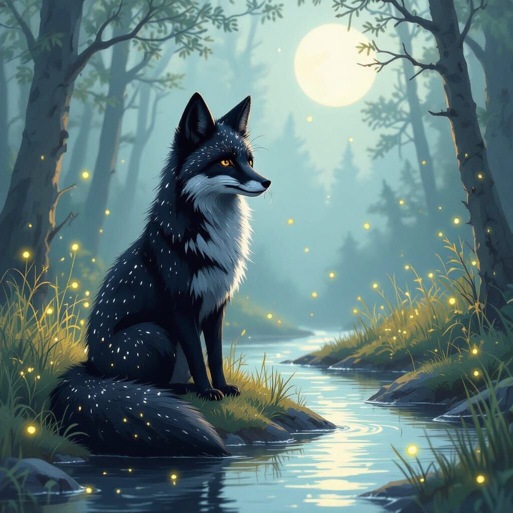 Black Fox in Forest Clearing at Night