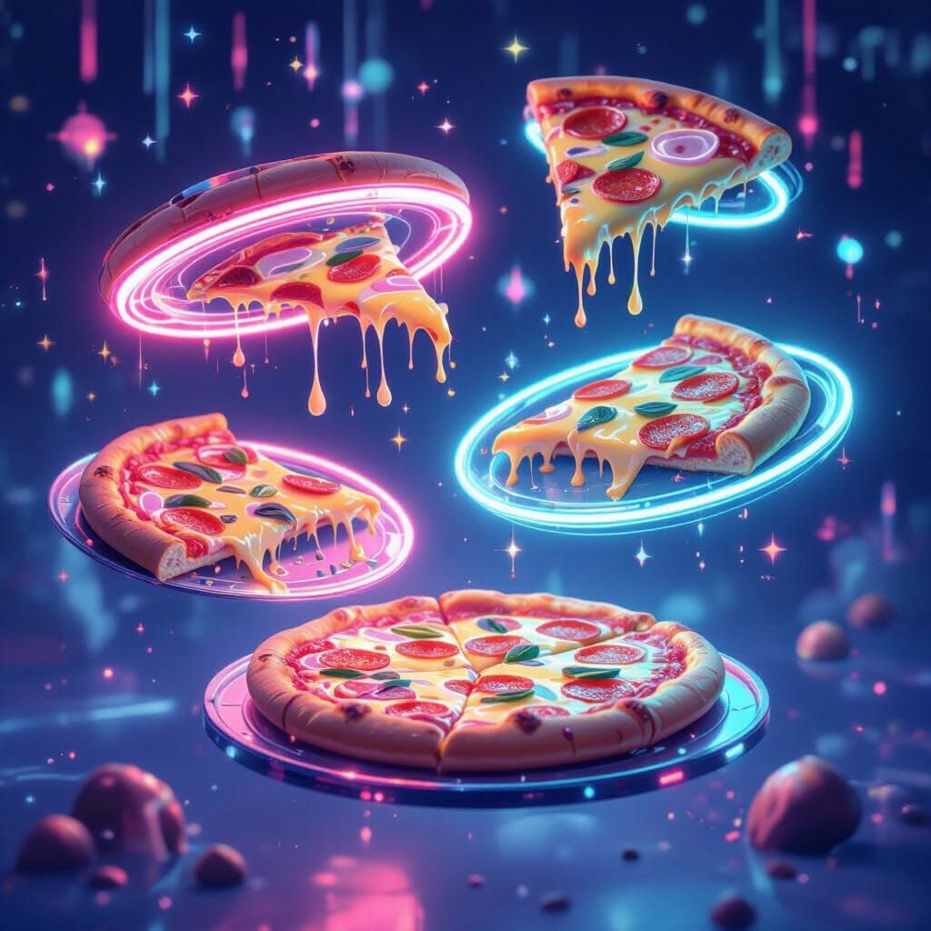 Futuristic Pizzas Float in Dreamy Cyber-Fantasy