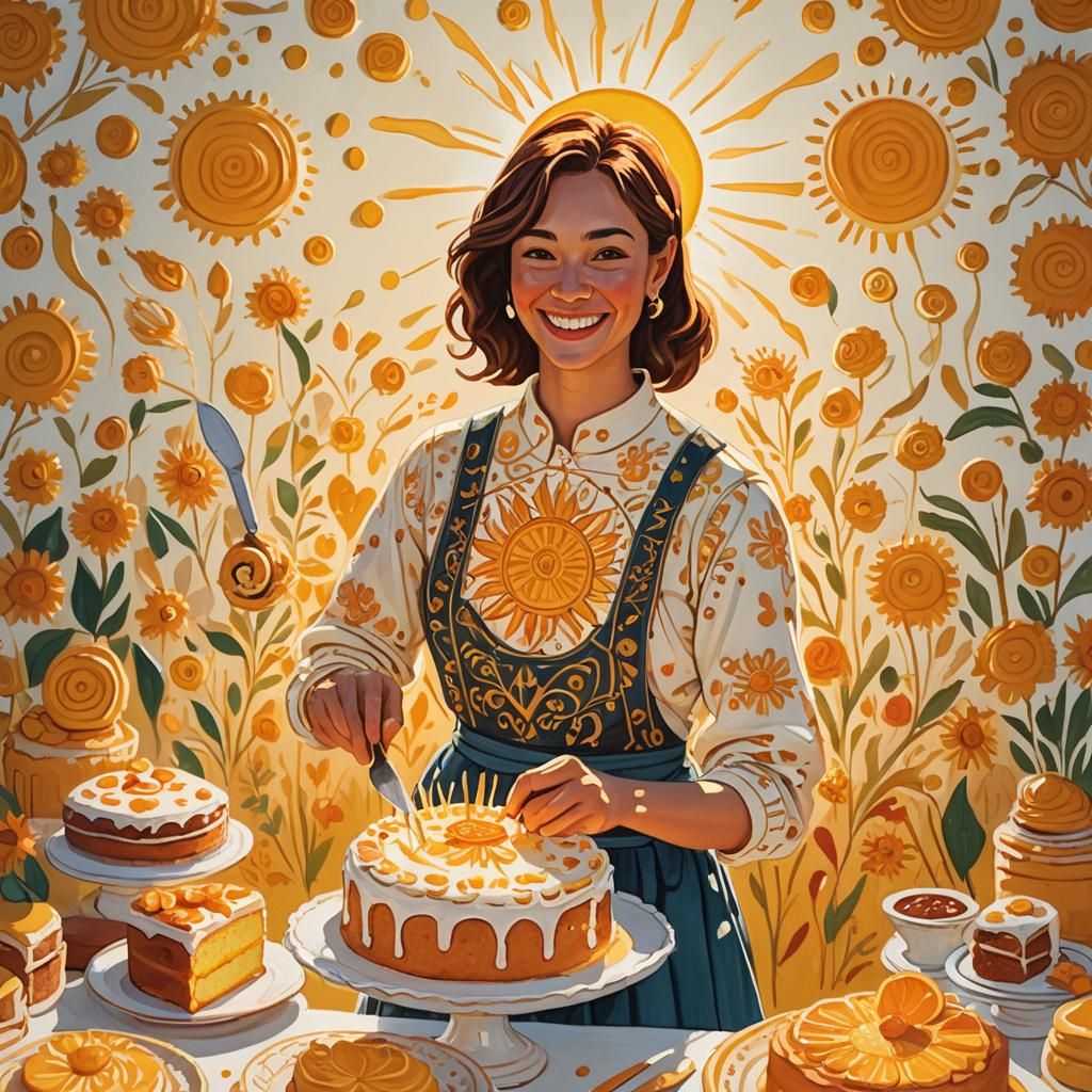 Woman with Sun Cake in Gouache Folk Art