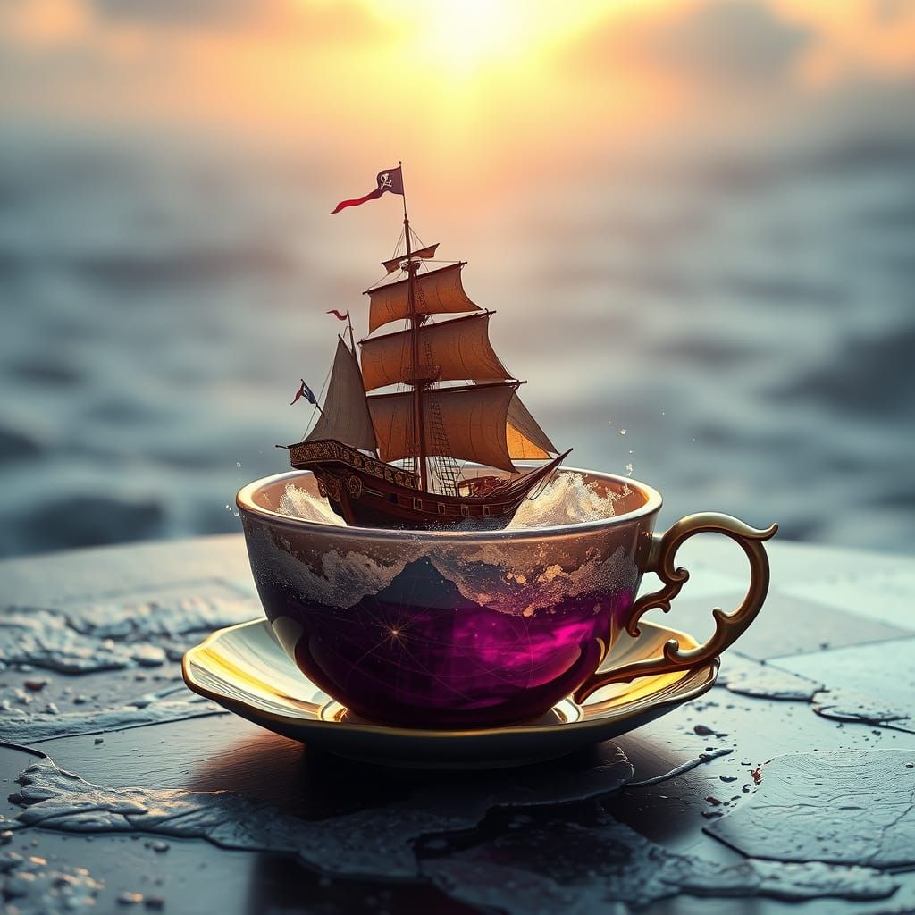 Epic Pirate Tea Cup Adventure in Dark Fantasy Style