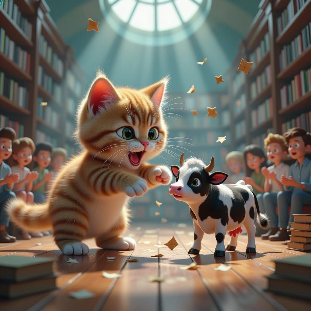 Gigantic Kitten Attacks Cow: Pixar-Style 3D Art