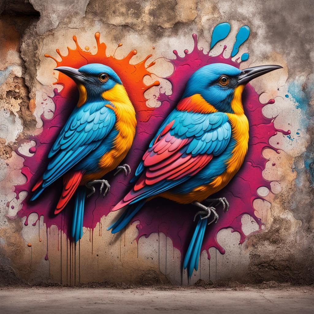 Street art , 3d hd colorful birds on an old wall