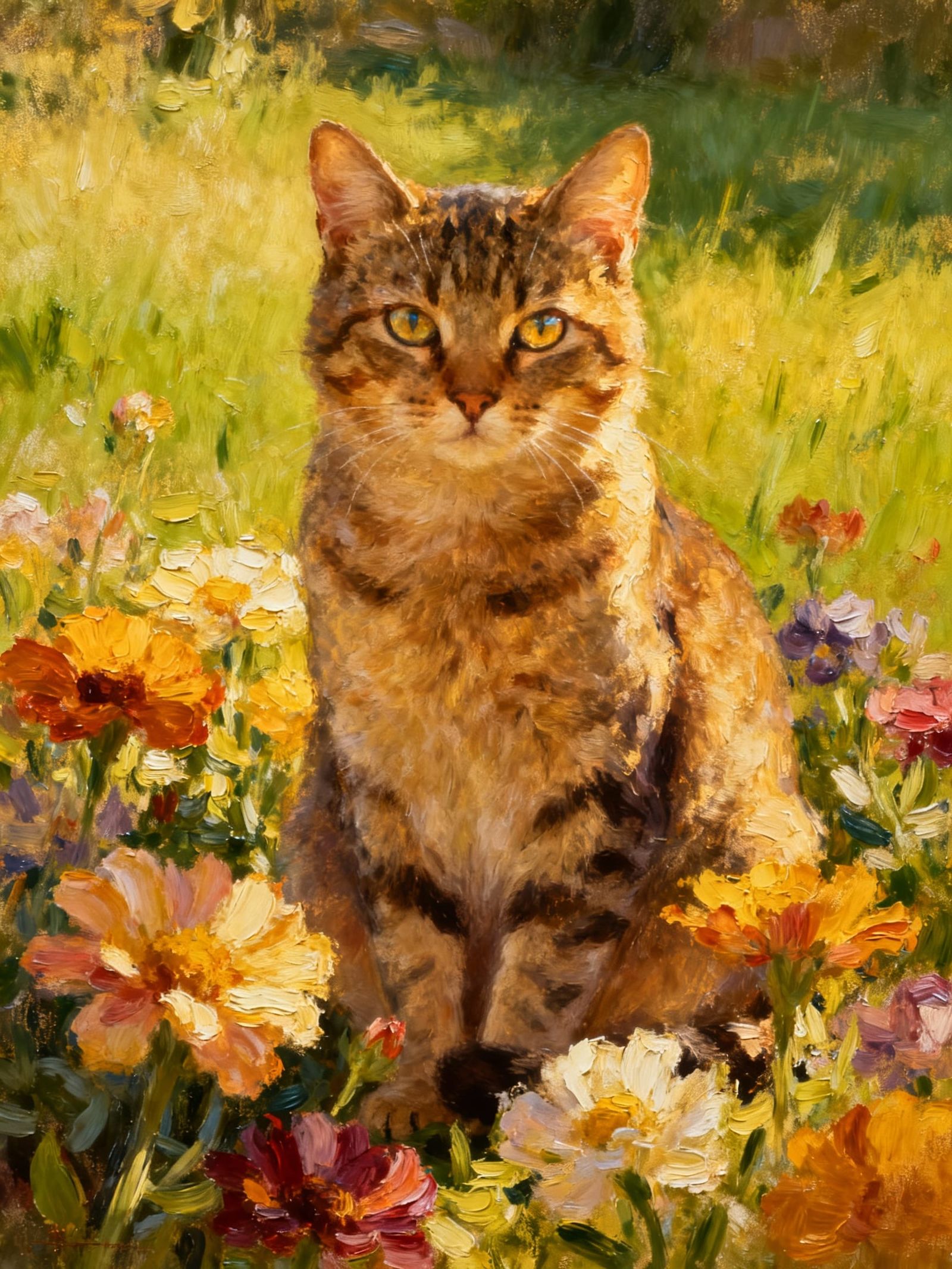 Realistic Oil Painting of a Cat Amidst Flowers