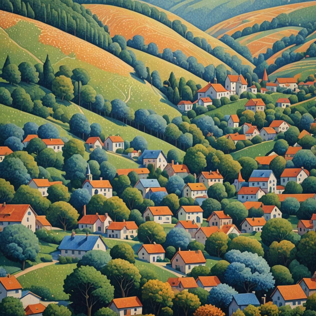 Pointillist Village in Valley, Seurat-Inspired Landscape