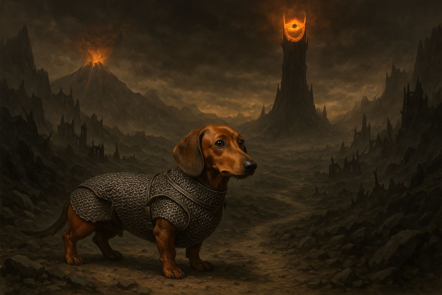Dachshund Warrior in a Post-Apocalyptic Mordor