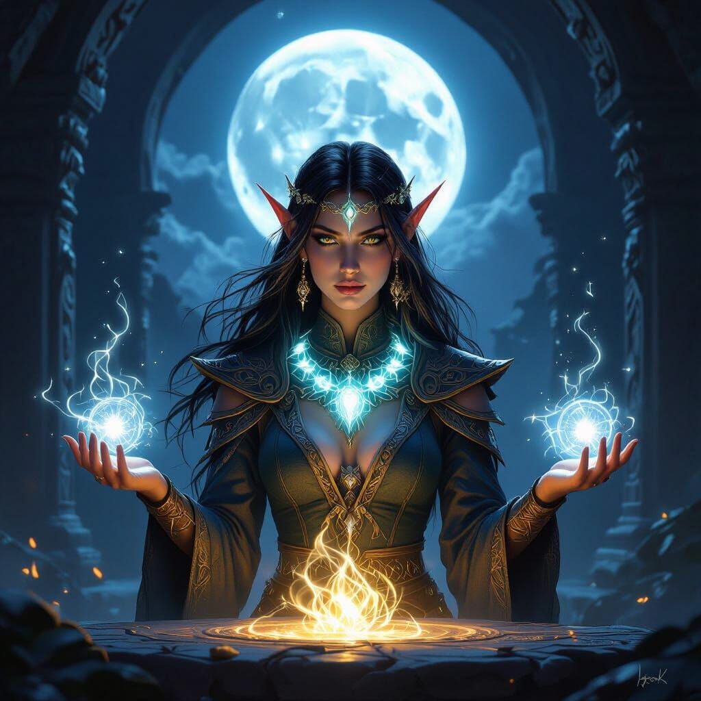 Night Elf Priestess Casting Spells in Moonlit Temple