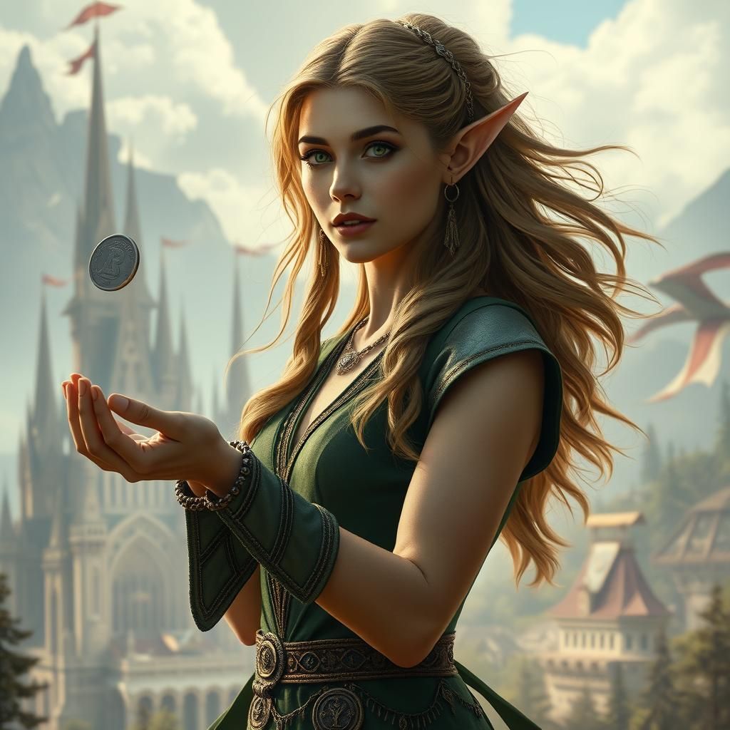 Elegant Elf Woman Tossing Coin in Fantasy City