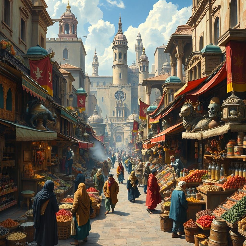 Exotic Marketplace with Mythical Creatures as Painting