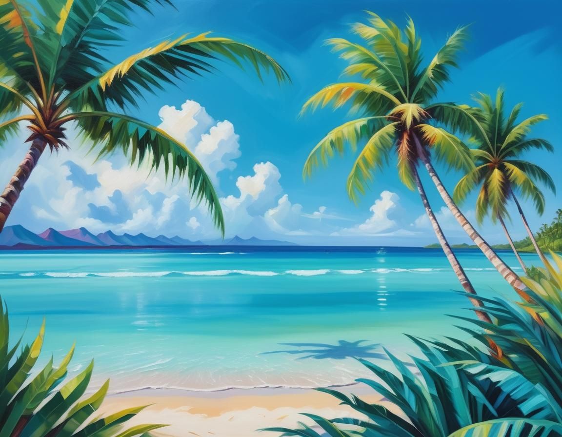 Polynesian Beach: Palm Trees in Fauvist Oil Painting