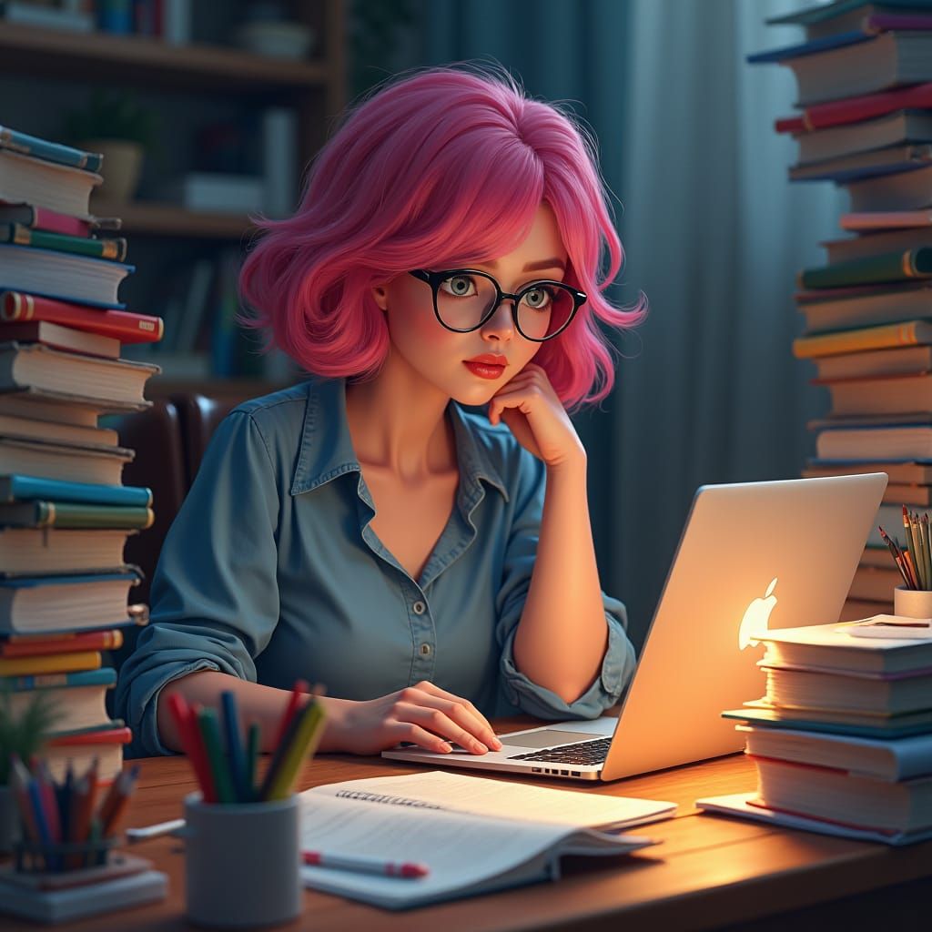 Woman with Pink Hair Surrounded by Books, as Digital Art