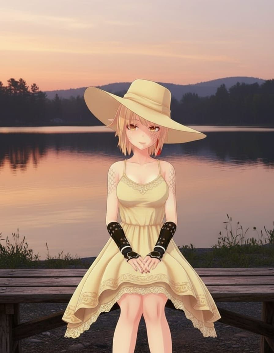 Woman Sitting on Bench by Lake at Sunset