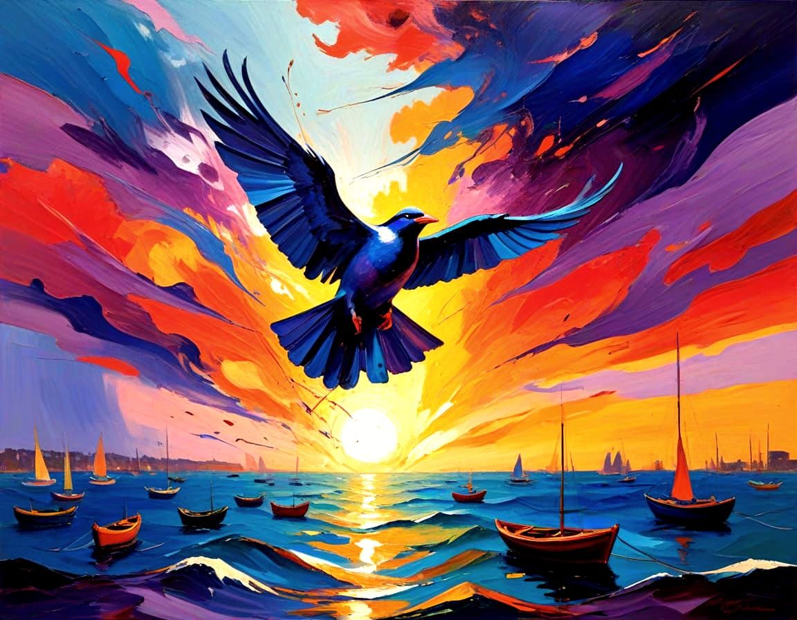 Vibrant Expressionist Seagull in Flight
