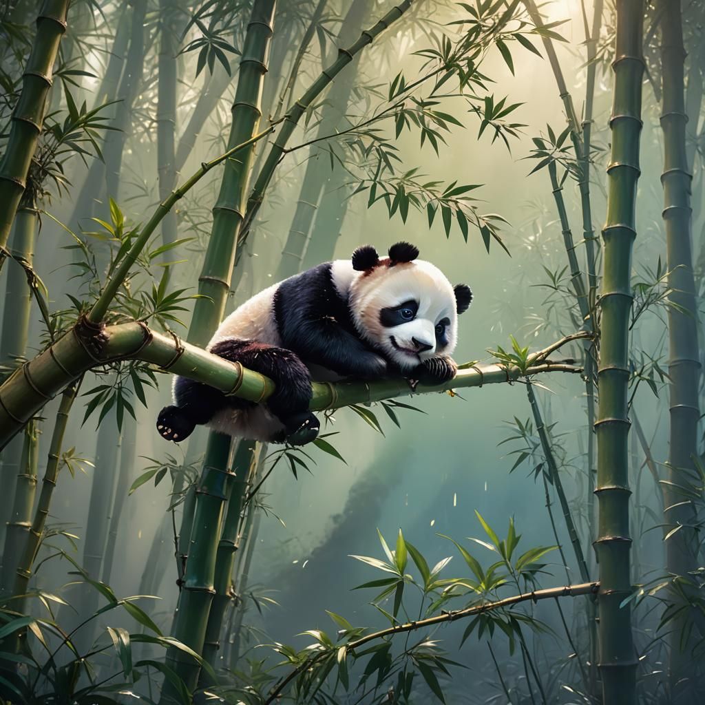 Cute Panda in Misty Bamboo Forest: Matte Painting
