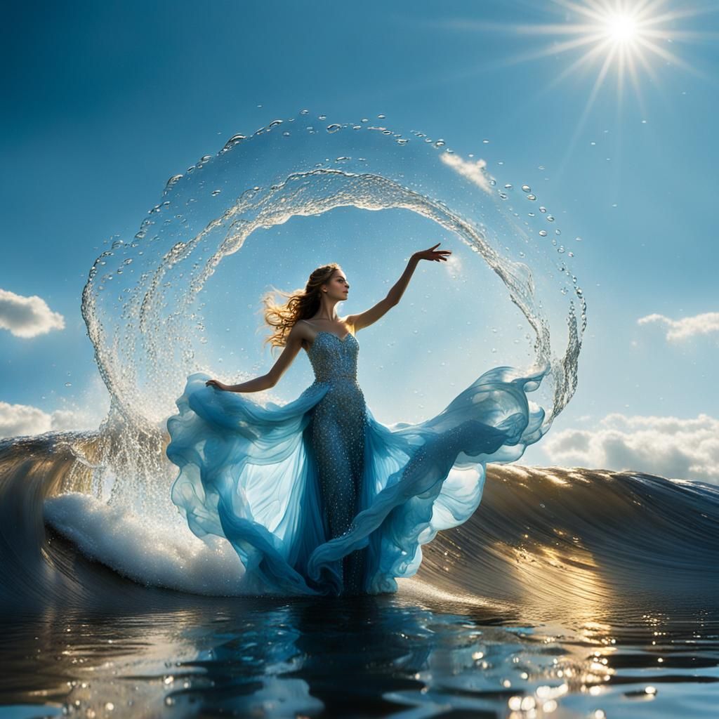 Surreal Girl Pushes Water, Towering Wave Rises