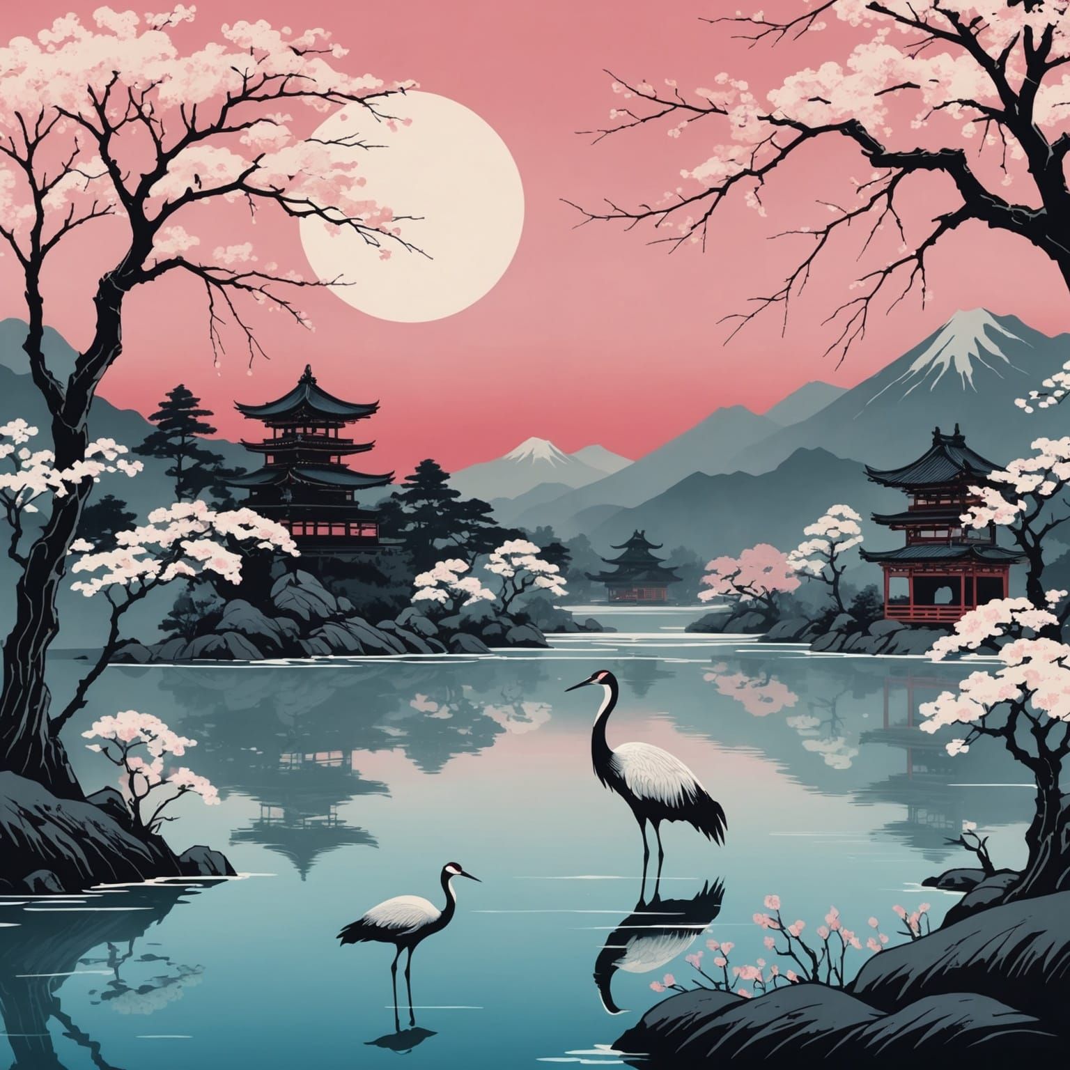 Ukiyo-e Crane in Dreamlike Japanese Landscape