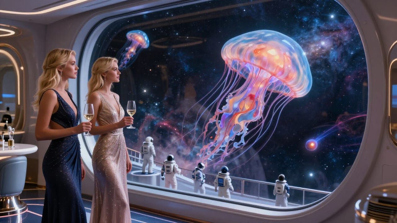 Women Enjoying Space Cruise Amidst Galactic Wonders