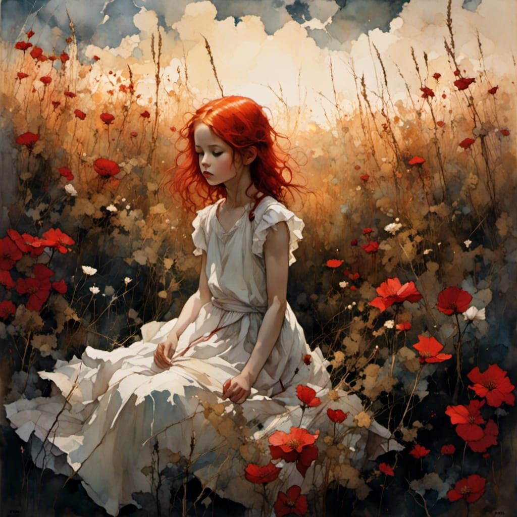 Anime Girl in Flower Field at Golden Hour