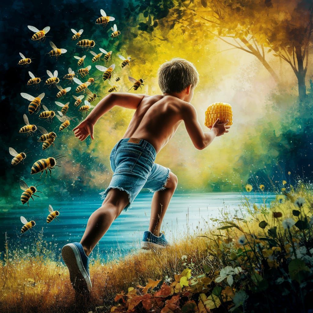Young Boy Chases Honeybees Through Vibrant Forest in Alcohol...
