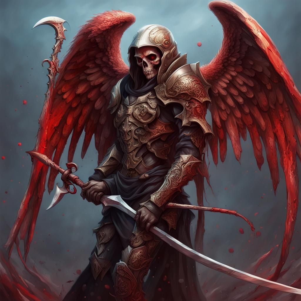 Bloody male angel with death scythe and grim armor