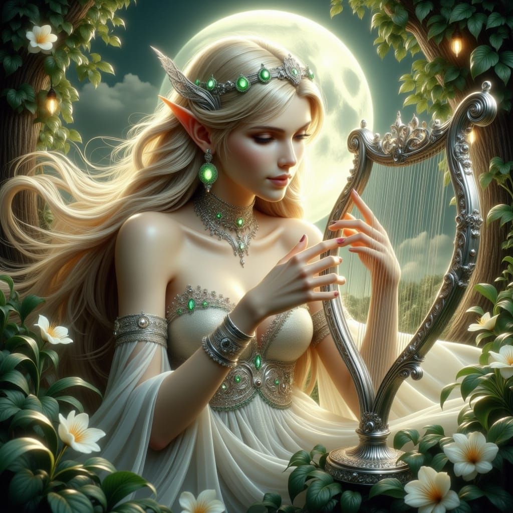Elf Musician Playing Lyre in Enchanted Forest