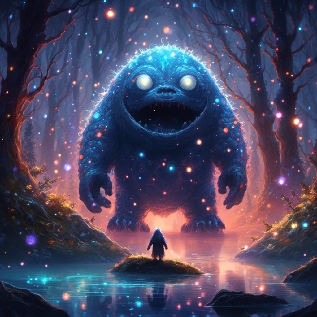 Cyclops Relaxing in Enchanted Forest Under Starry Sky