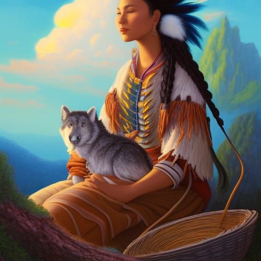 Cherokee Woman Weaving Basket in Amy Sol Style