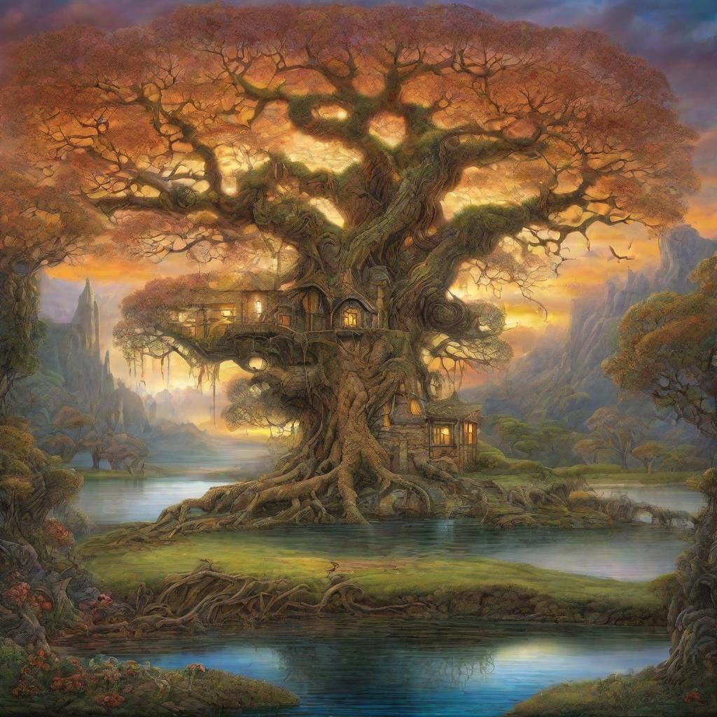 Tree of Life and Medieval House, Fantasy Concept Art