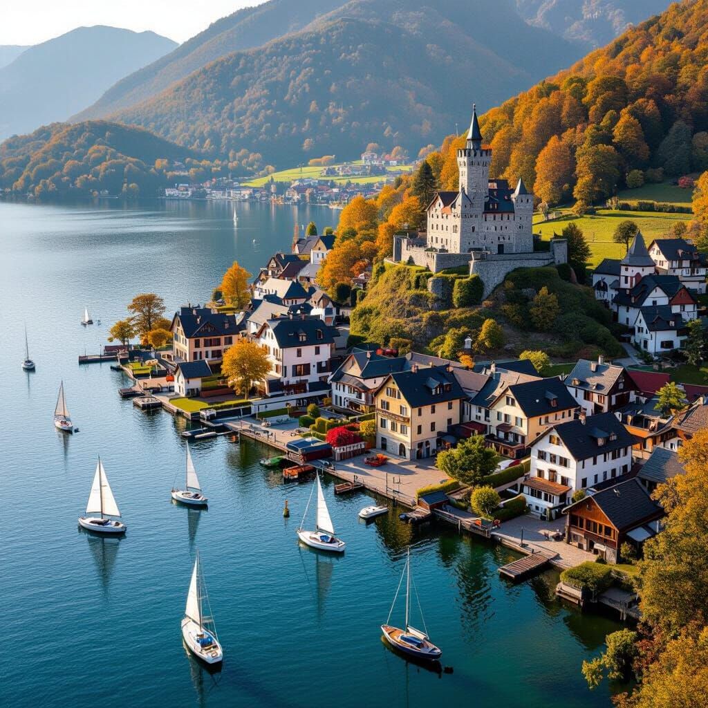 Cozy Autumn Village Overlooking Tranquil Lake with Castle