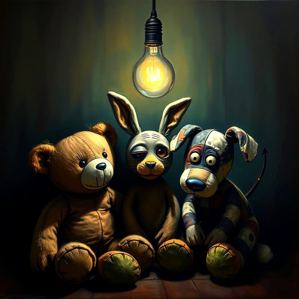 Mismatched Stuffed Animals Plotting in Dim Light