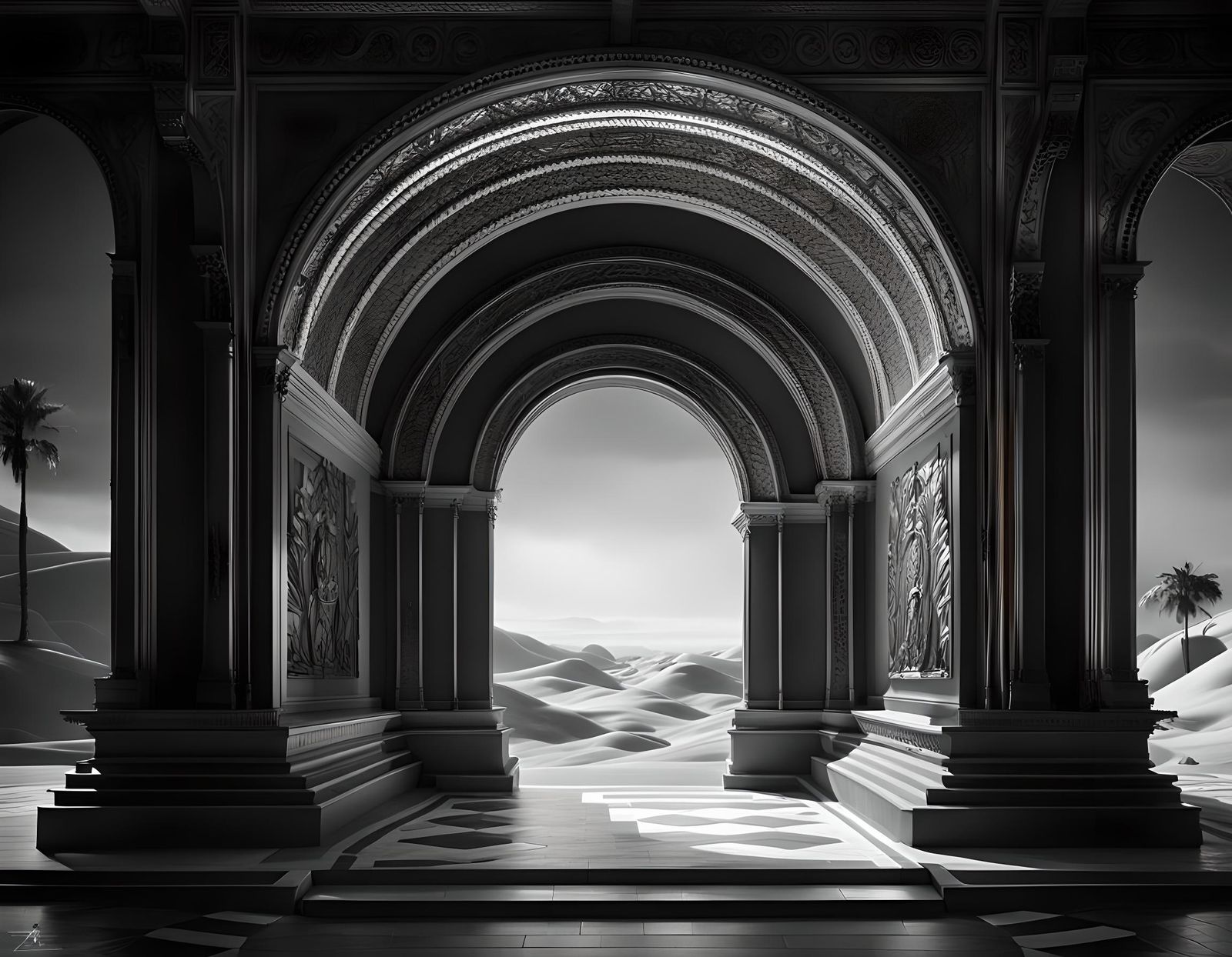Deconstructed Desert Arch: Black and White Digital Art