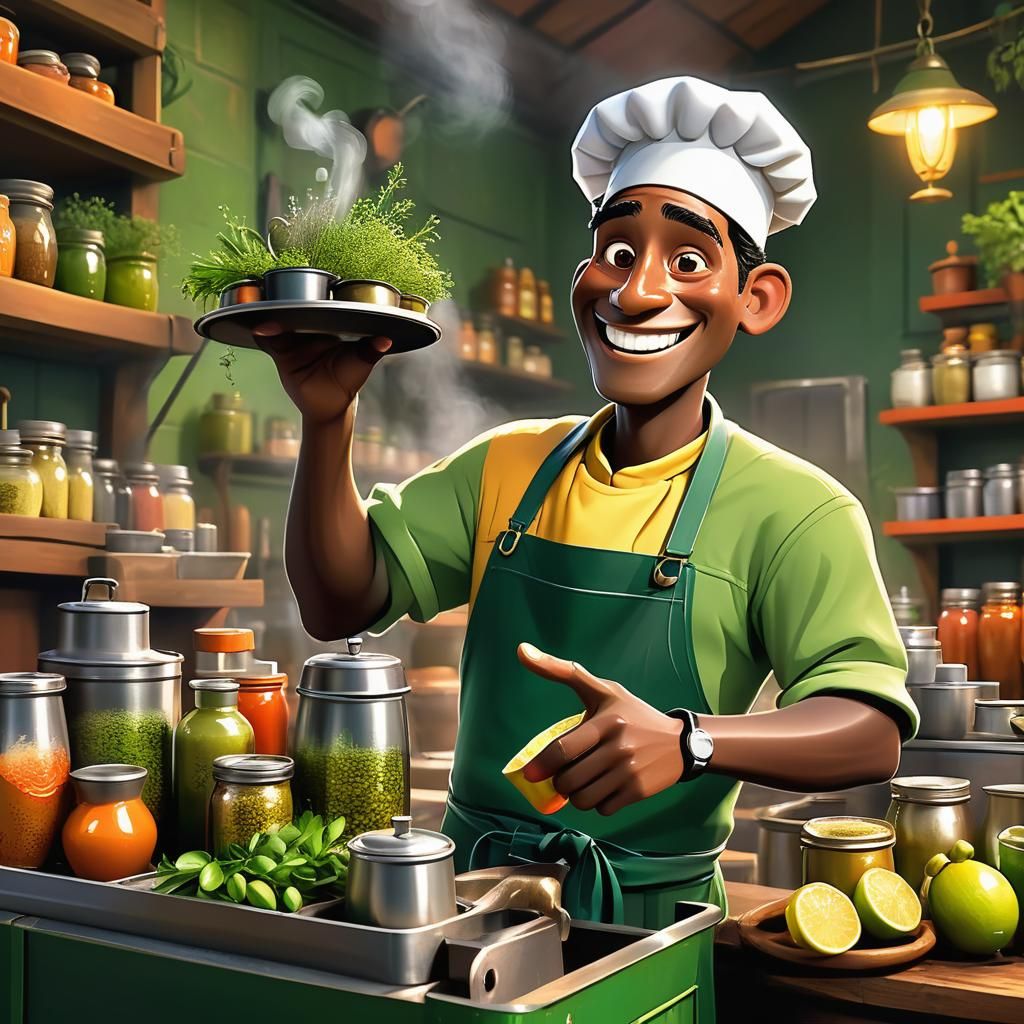 Smiling Peruvian Man Serving Drink, Pixar Style 3D