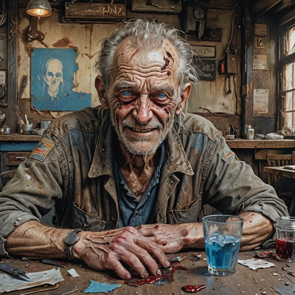 Bad-Looking Old Man in Post-Apocalyptic Bistro