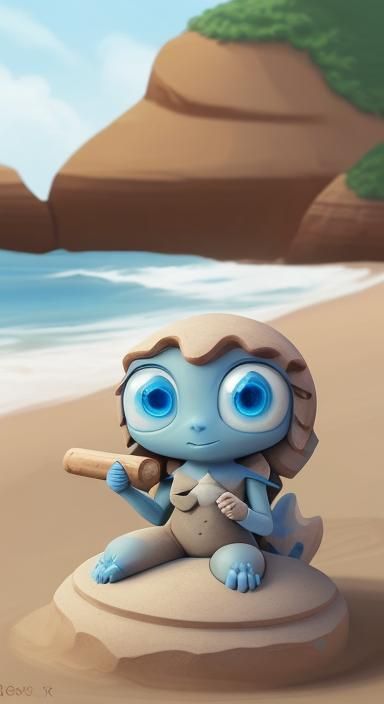 friendly sand creature with blue eyes made from sandstone, curious, cute, explorer, who uses (Hand tools) he finds. live...