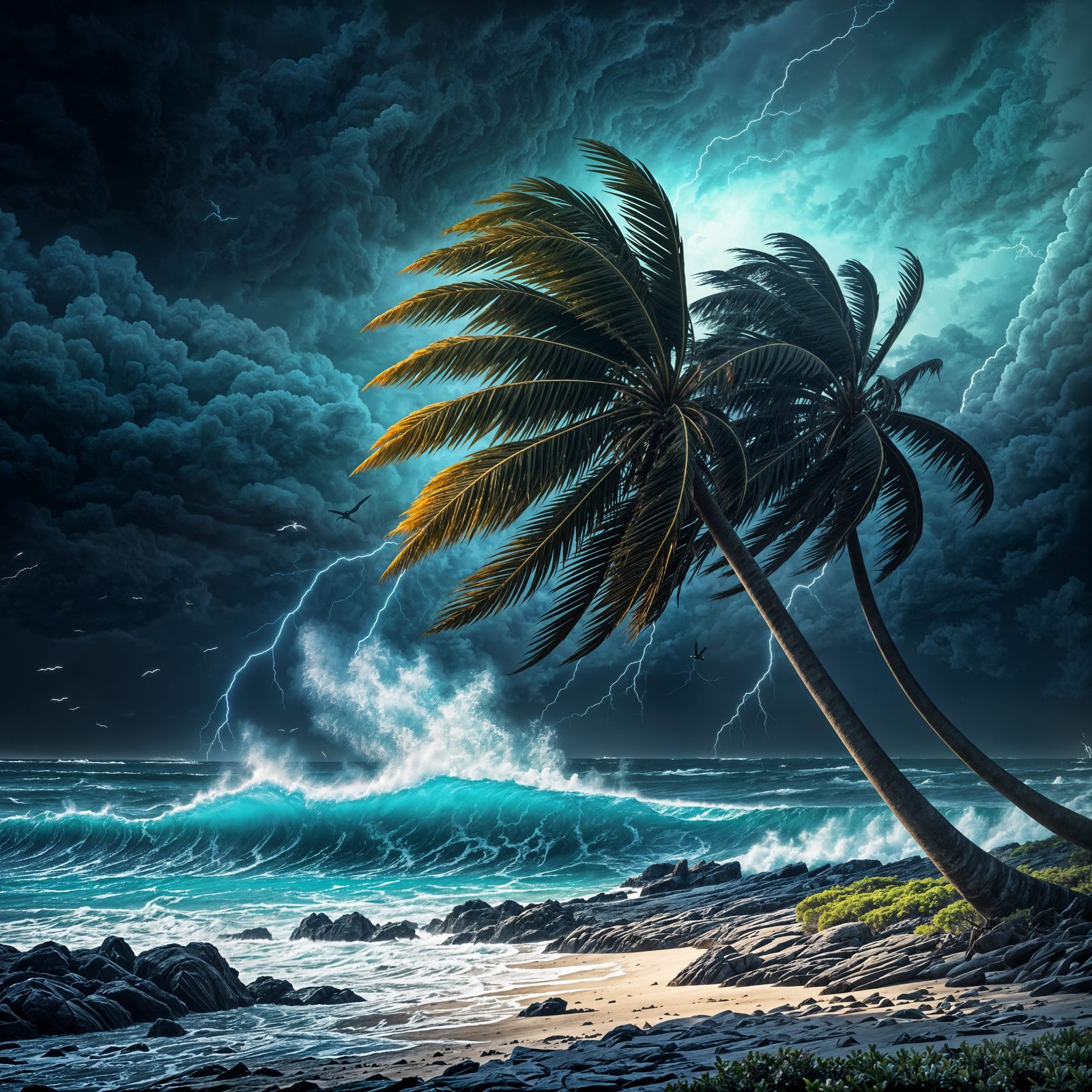 Island Palms Braving a Tropical Storm