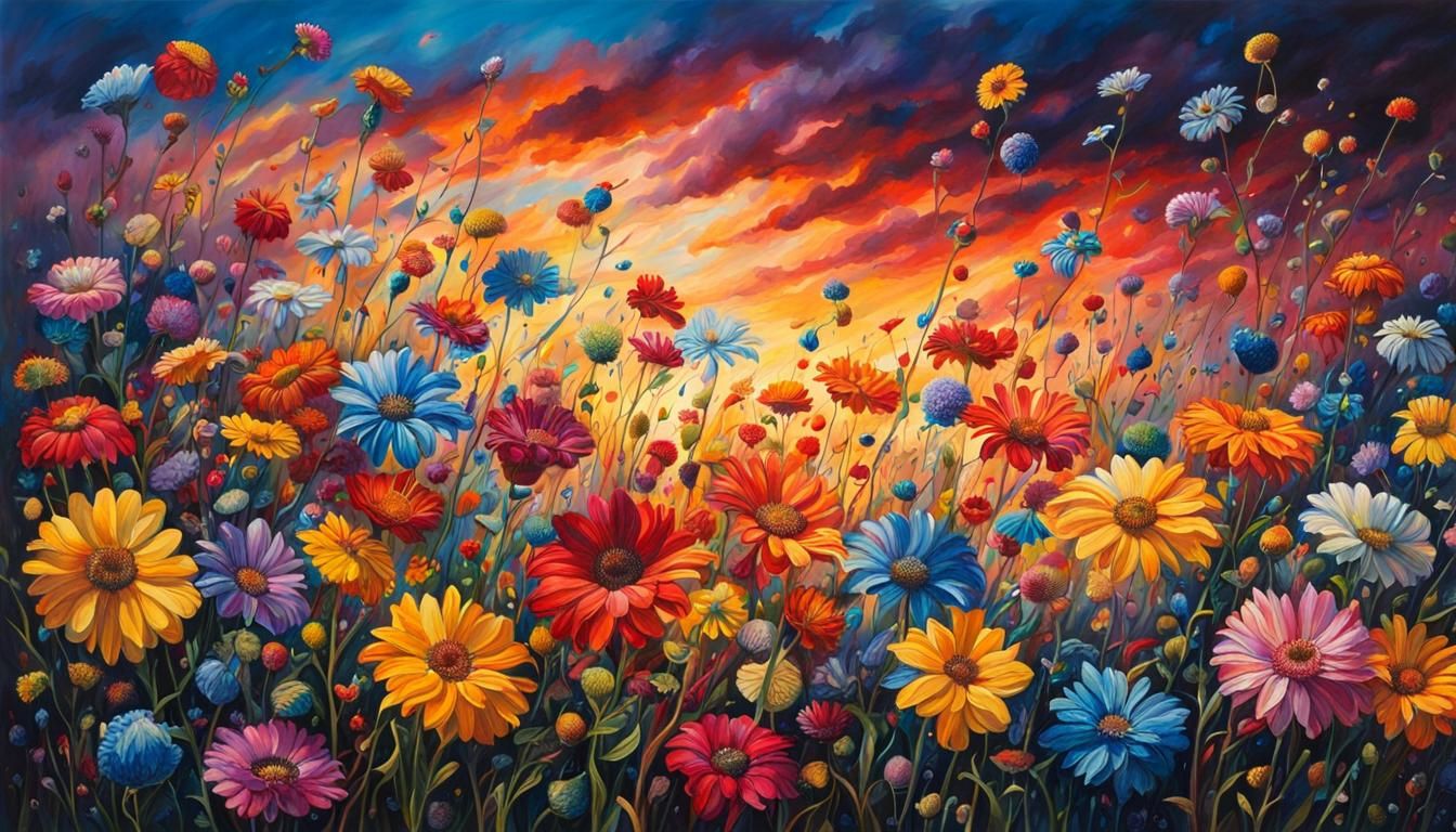 Surreal Chipped Flowers Falling Sky Watercolor