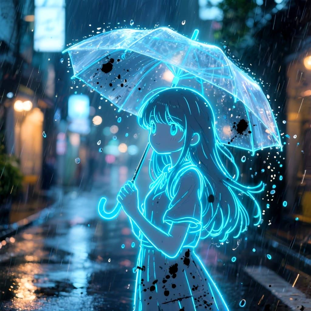 Neon Girl in Rainy City Nightscape Photo
