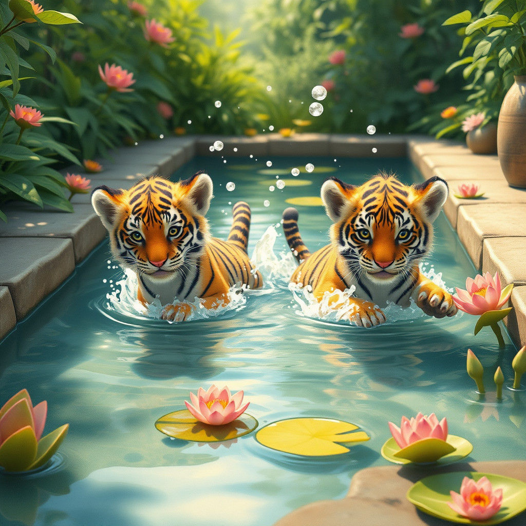 Playful Tiger Cubs in Sunny Pool, Watercolor Style