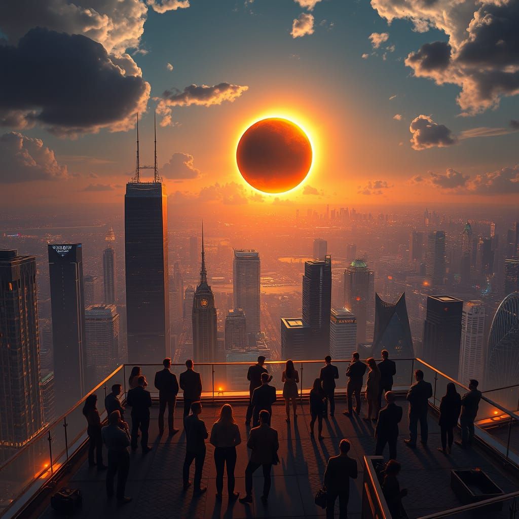 Bystanders Marvel at Total Solar Eclipse on Skyscraper Rooft...